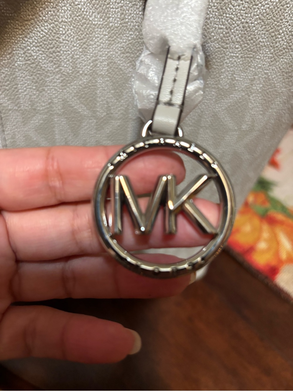 Michael Kors Light Gray Signature Tote with Logo Charm - Picture 8 of 10